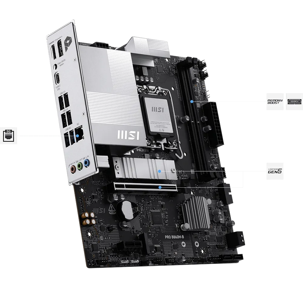 MSI PRO B860M-B Motherboard, mATX, LGA 1851 - Direct 6 Phases, DDR5 Memory Boost (9066+ MT/s OC), PCIe 5.0 x16, M.2 Gen5, 5G LAN