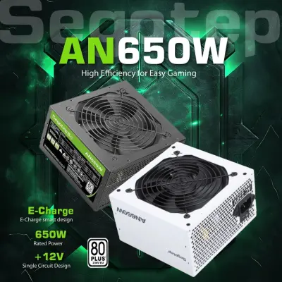 Segotep AN650W Power Supply, 650W Power Output, 80 Plus Efficiency, 120mm Hydraulic Bearing Fan, AI Cooler Smart Temperature Control - Black