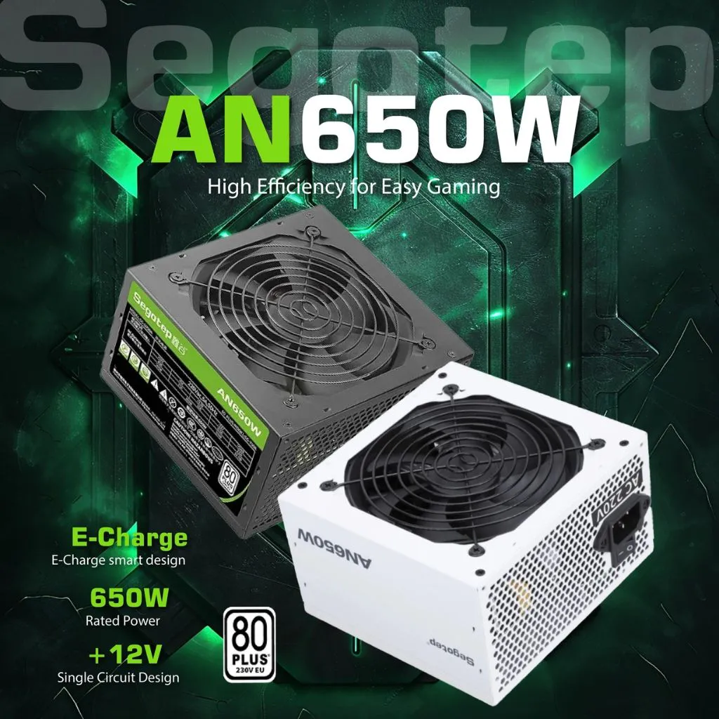 Segotep AN650W Power Supply, 650W Power Output, 80 Plus Efficiency, 120mm Hydraulic Bearing Fan, AI Cooler Smart Temperature Control - Black