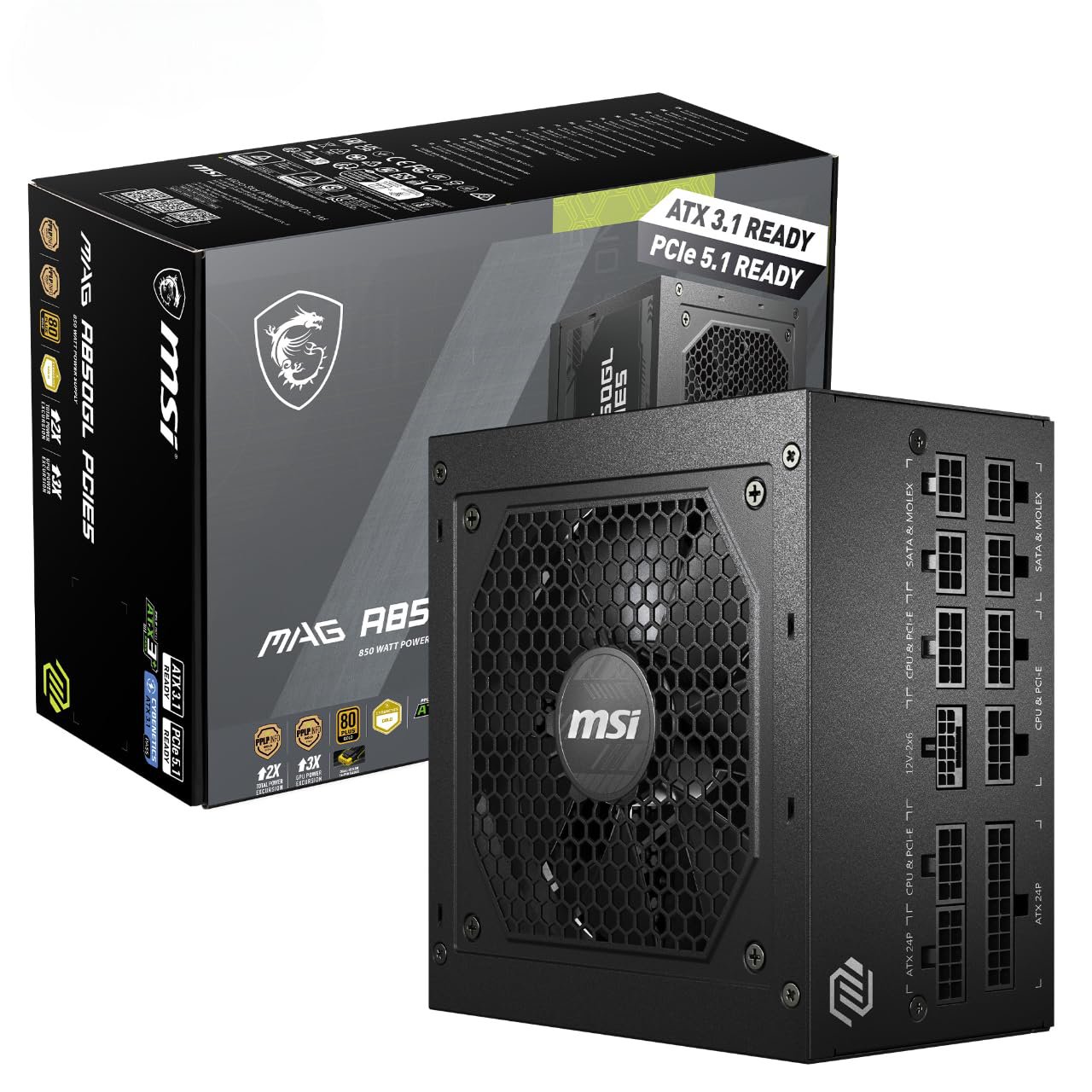 MSI MAG A850GL PCIE5 850W Modular Power Supply, Intel ATX12V 3.0, 120mm Cooling Fan, 80 Plus Gold