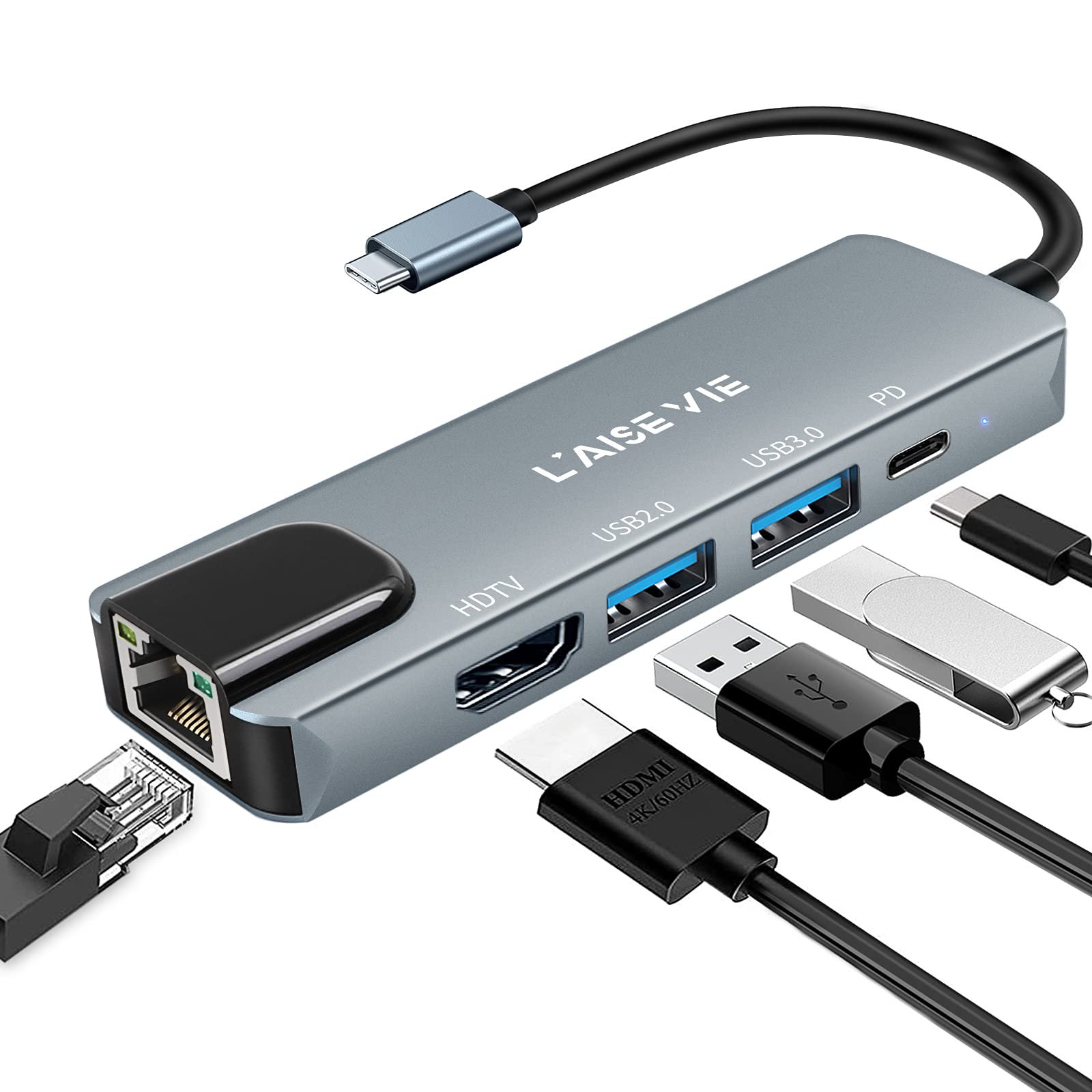USB Type-C to Ethernet Adapter with Power 60W Charging for MacBook Pro/Air, Pad, Surface, XPS, Galaxy