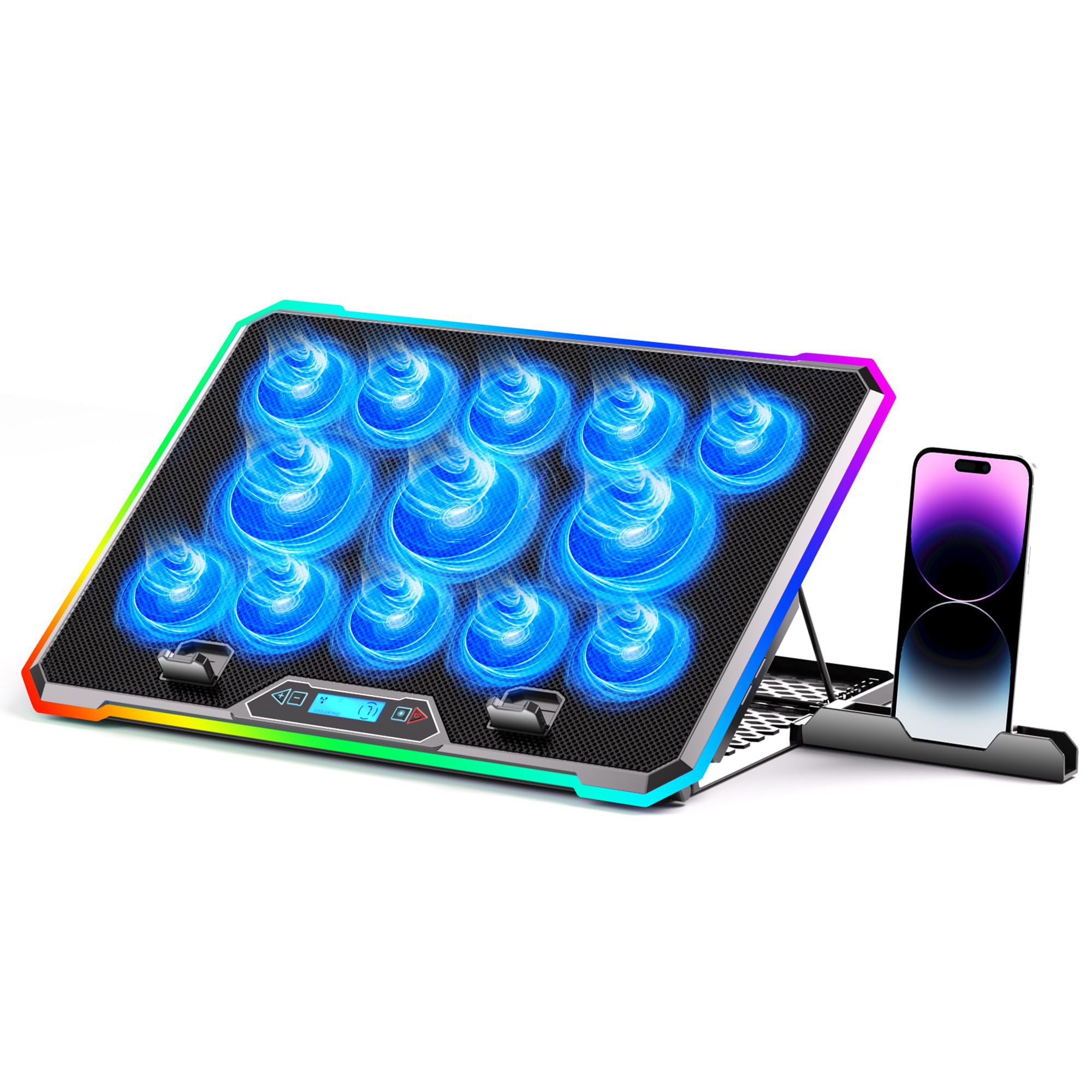 ICE COOREL K10 RGB Gaming Laptop Cooling Pad 15-17.3 Inch, 6 Cooling Fans, 6 Height Adjustable, LCD Screen, 2 USB Ports, Phone Stand